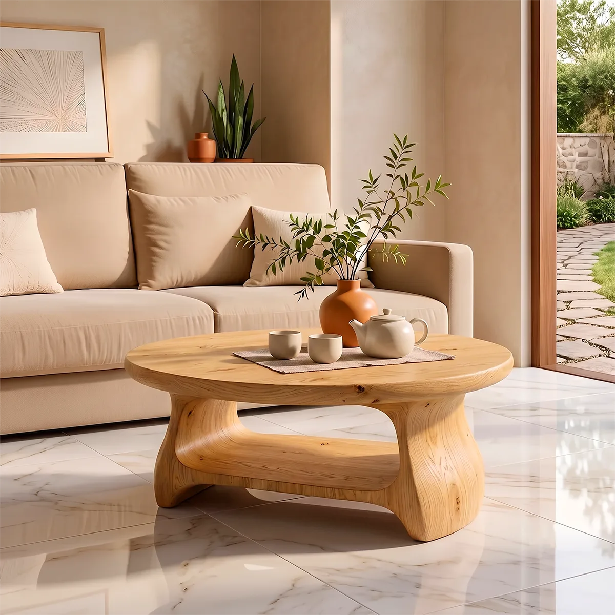 Modern Round Coffee Table with Shelf | Sculptural Wood Coffee Table for Living Room TH003-3167