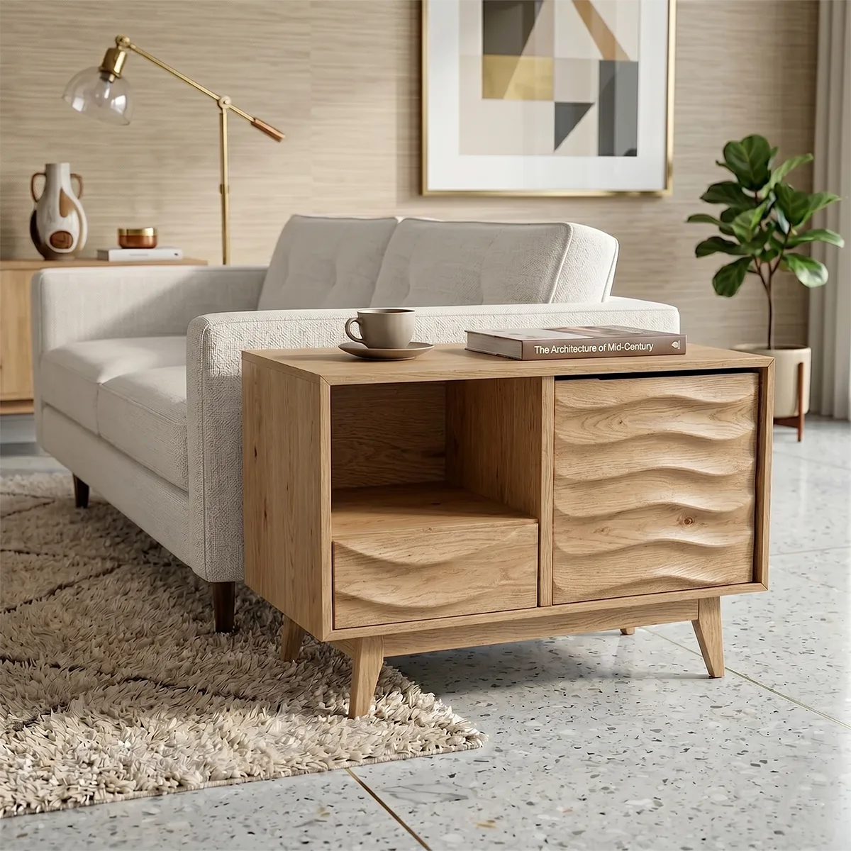 Modern Solid Wood End Table with Storage | Mid Century Side Table with Drawer & Cabinet TH003-4266