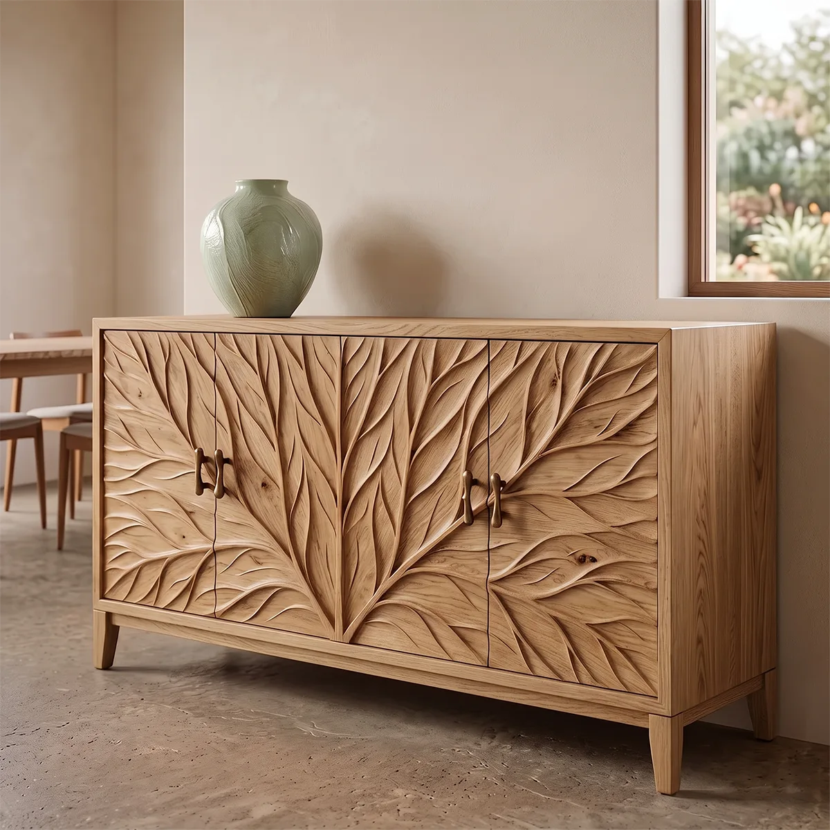 Leaf Carved Solid Wood Sideboard | Botanical Buffet Cabinet for Organic Modern & Japandi Interiors TH003-8571