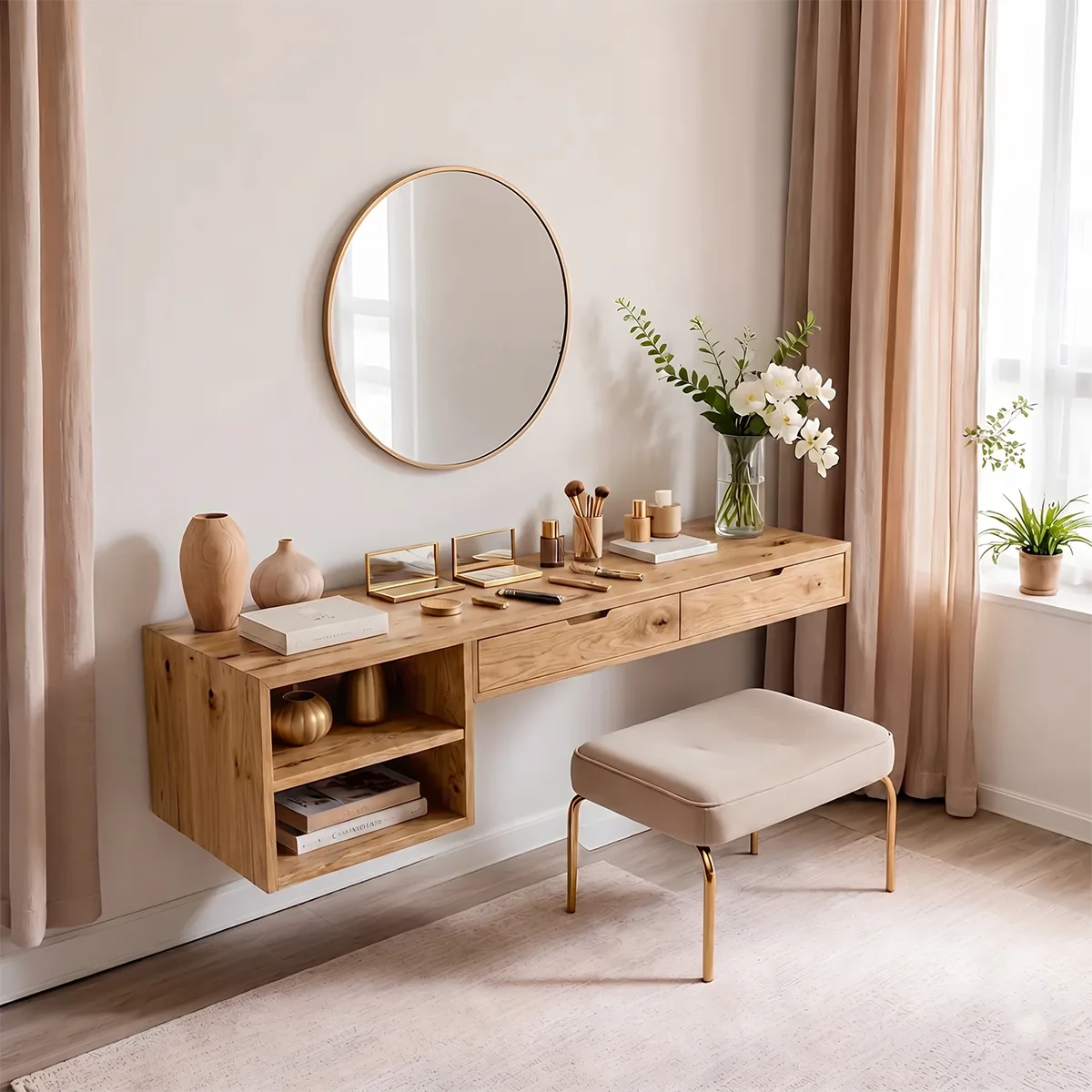 Floating Solid Wood Vanity Desk with Open Shelving and Storage Drawers