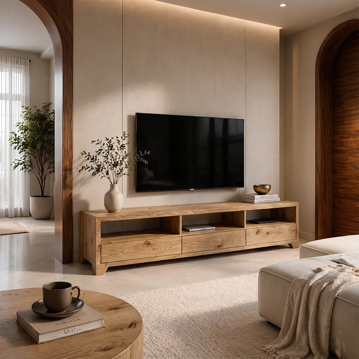 Minimalist Media Console with Open Shelves and 3 Drawers