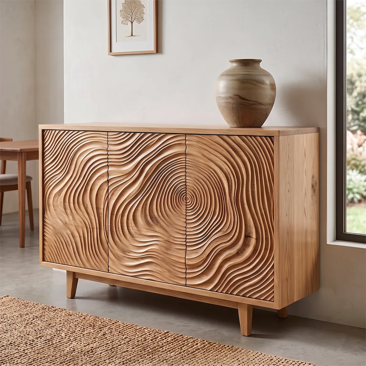 Tree Ring Carved Solid Wood Sideboard | Sculptural Buffet Cabinet for Organic Modern Interiors TH003-6042