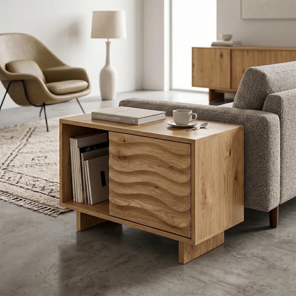 Modern Solid Wood End Table with Sliding Door | Mid Century Storage Side Table for Living Room TH003-7699