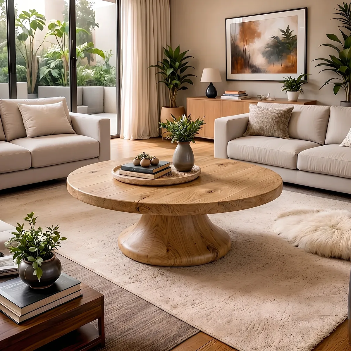 Round Solid Wood Coffee Table – Rustic Modern Pedestal Design TH003-9563