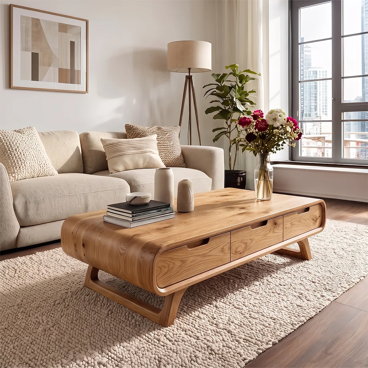 Modern Rounded Coffee Table with 3 Drawers | Mid Century Living Room Storage Table TH003-6LLU2ZO