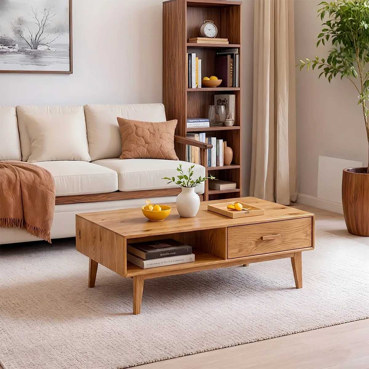 Mid Century Modern Solid Wood Rectangular Coffee Table with Storage