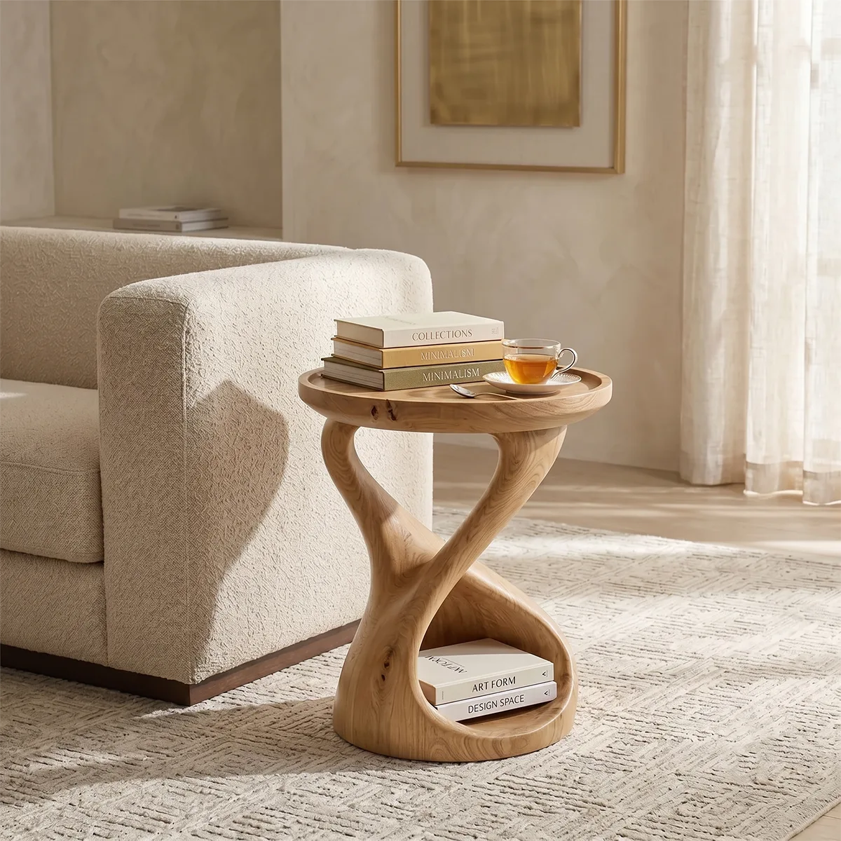 Hourglass Solid Wood Side Table with Storage | Sculptural End Table TH003-8108