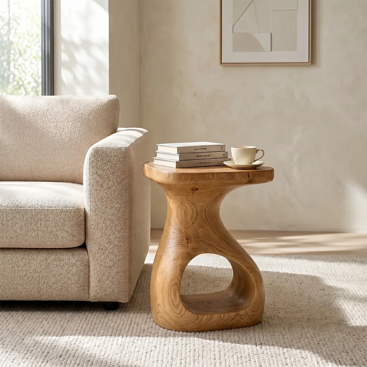Solid Wood Side Table with Open Shelf | Sculptural End Table TH003-2155