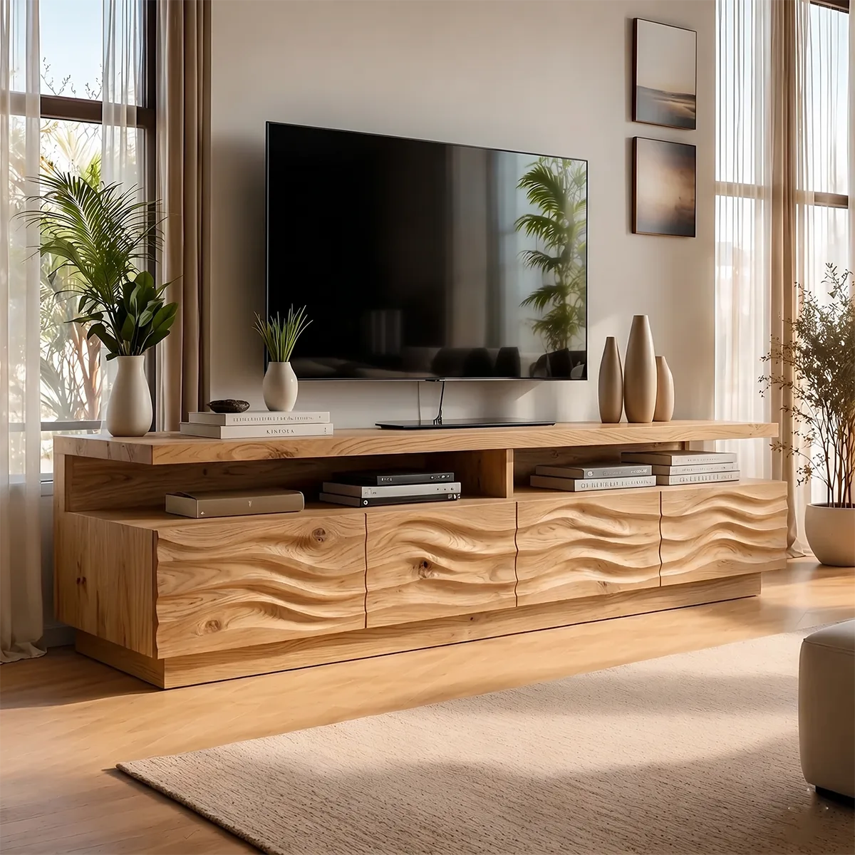 Wave Front TV Console with Open Shelves and 4 Drawers