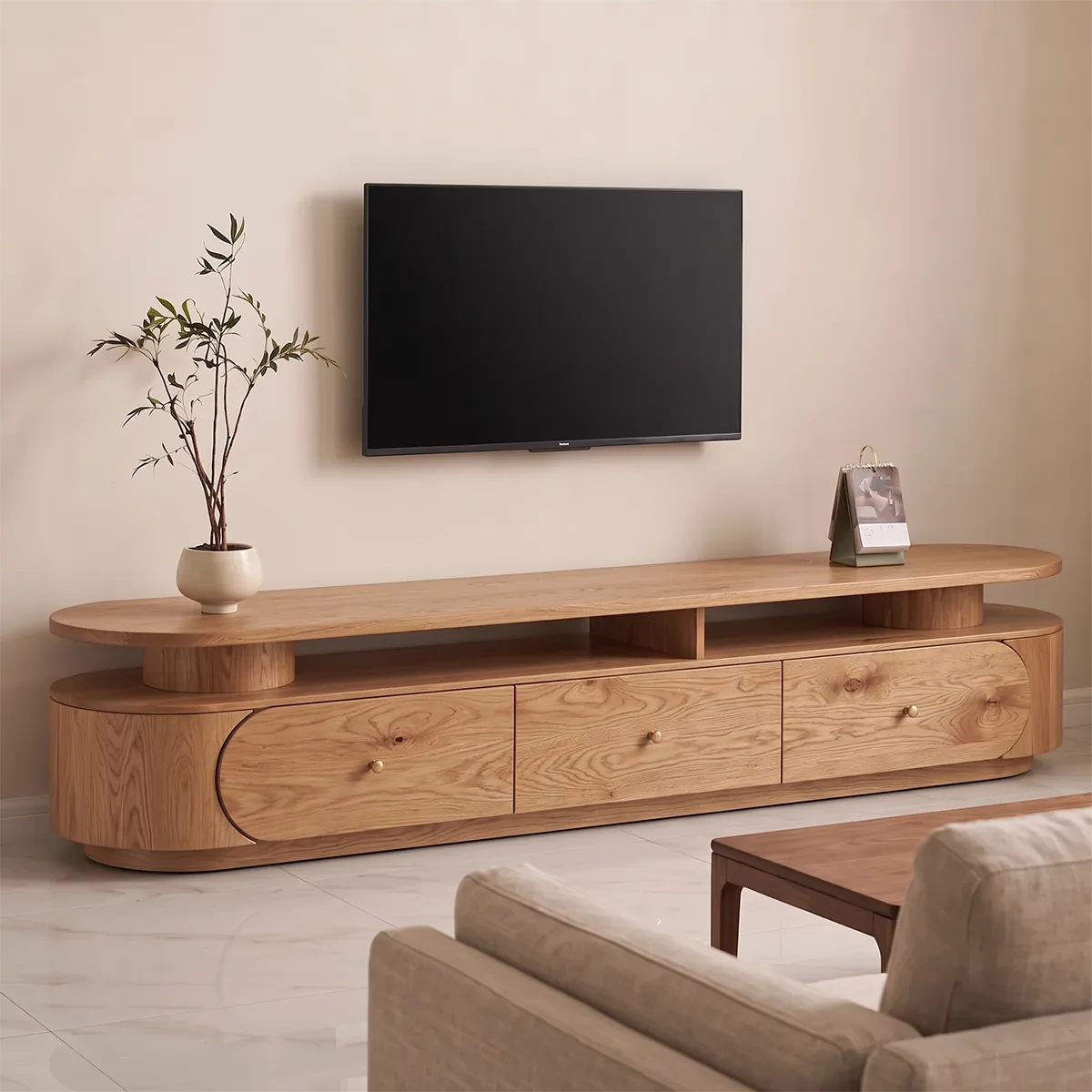 Modern TV Stand with 3 Drawers & Open Shelf | Curved Media Console TH003-1IBC4JQ