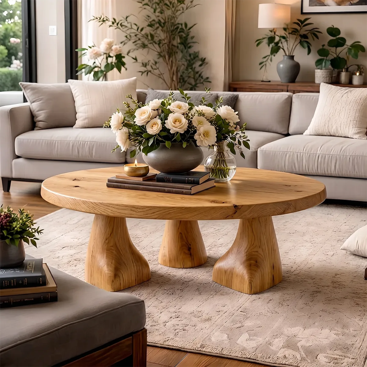 Round Solid Wood Coffee Table – Sculptural Pedestal Design TH003-7271