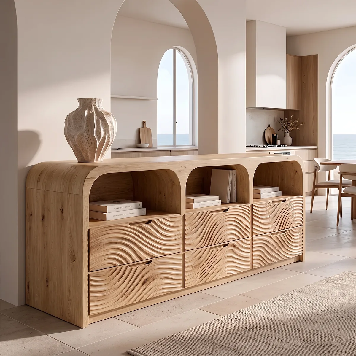 Wave Carved Solid Wood Storage Cabinet | Modern Credenza with Drawers & Open Shelves TH003-9574