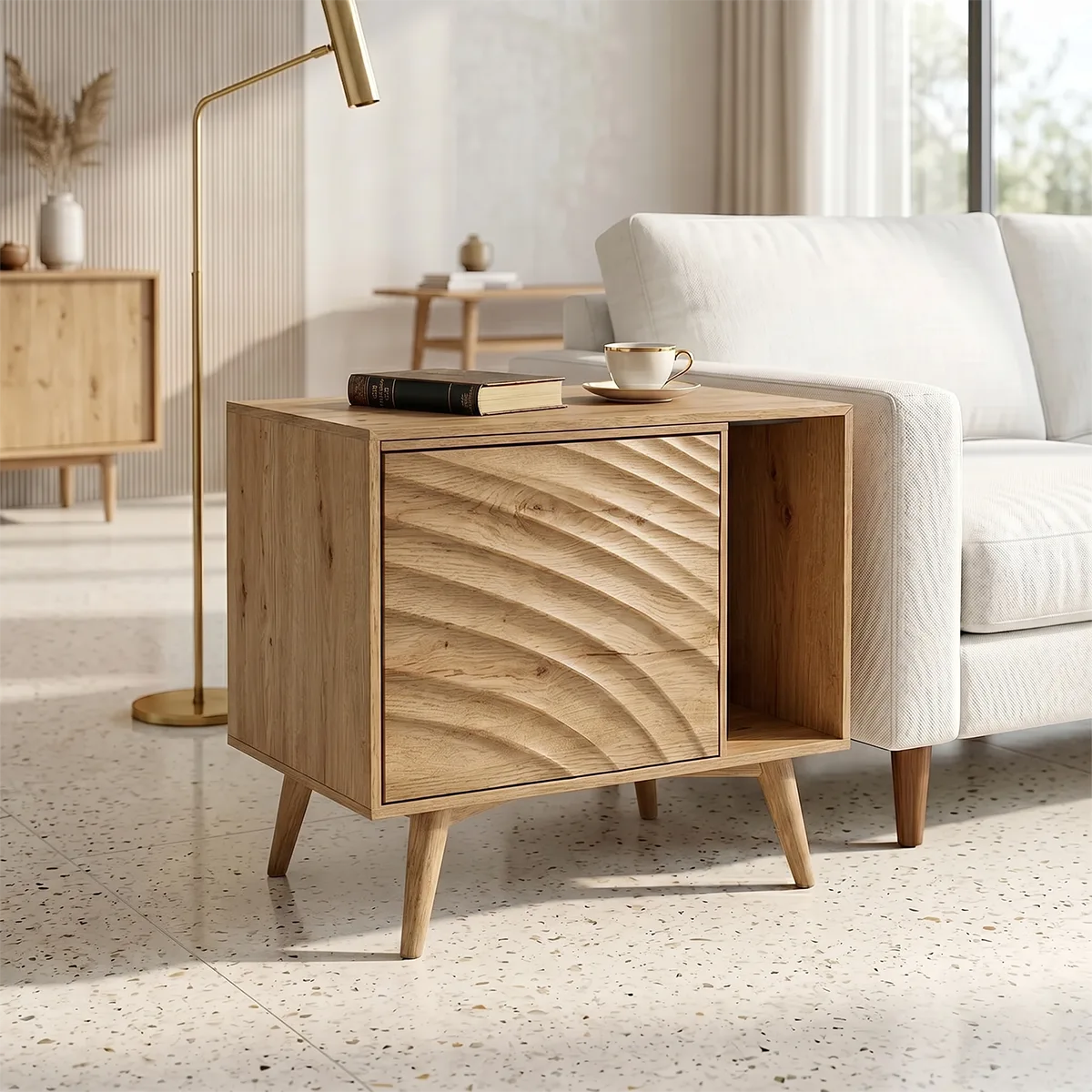 Modern Solid Wood End Table with Sliding Door | Mid Century Storage Side Table for Living Room TH003-6094