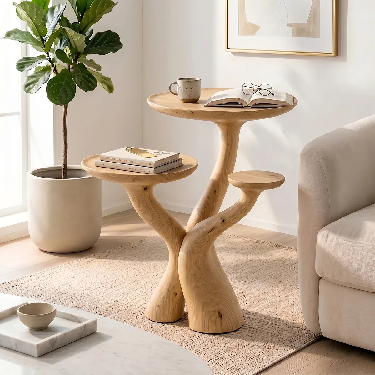 Three-Tier Solid Wood Side Table | Sculptural Branch Design TH003-6418
