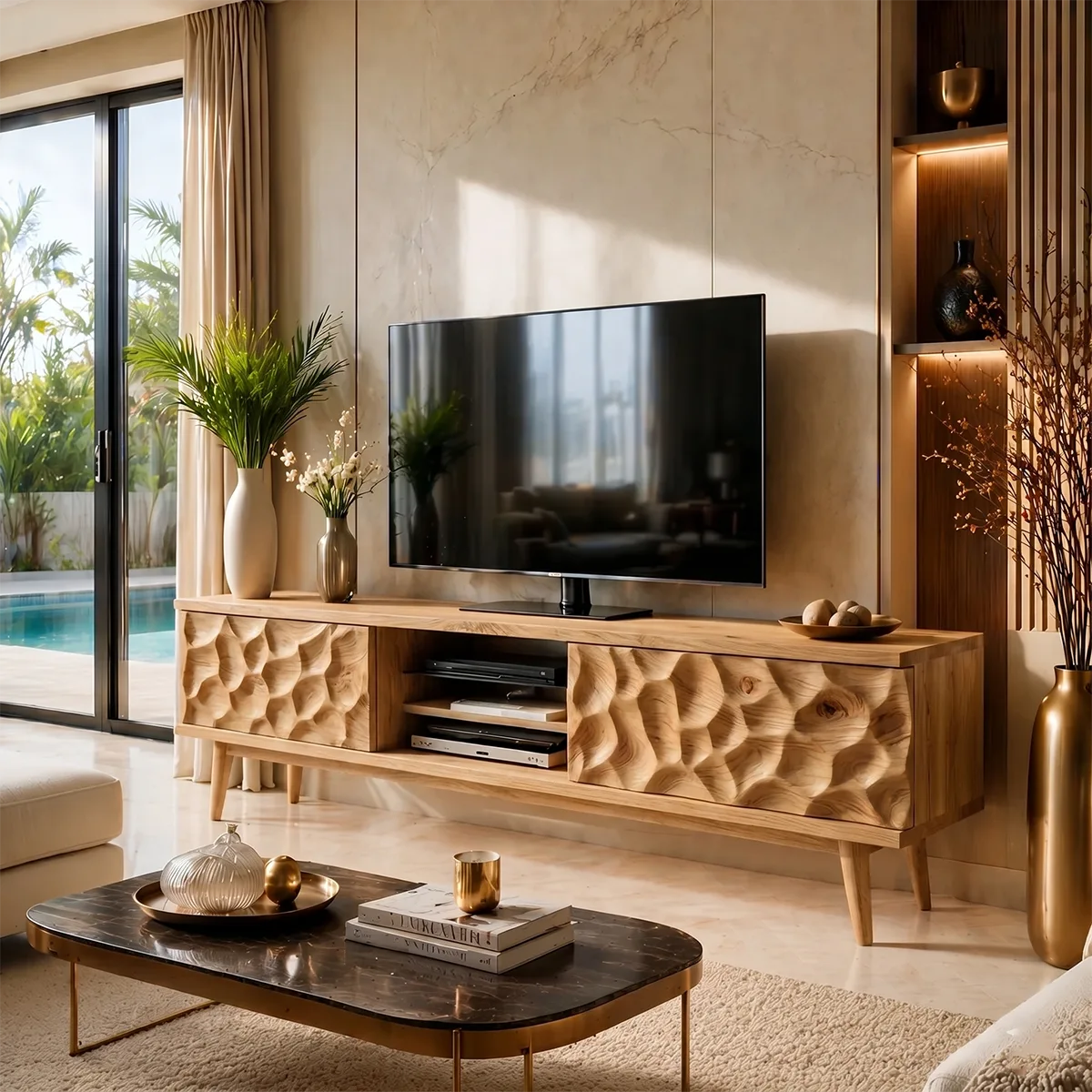 Sculpted Wood TV Stand with Open Center Shelves and Textured Doors