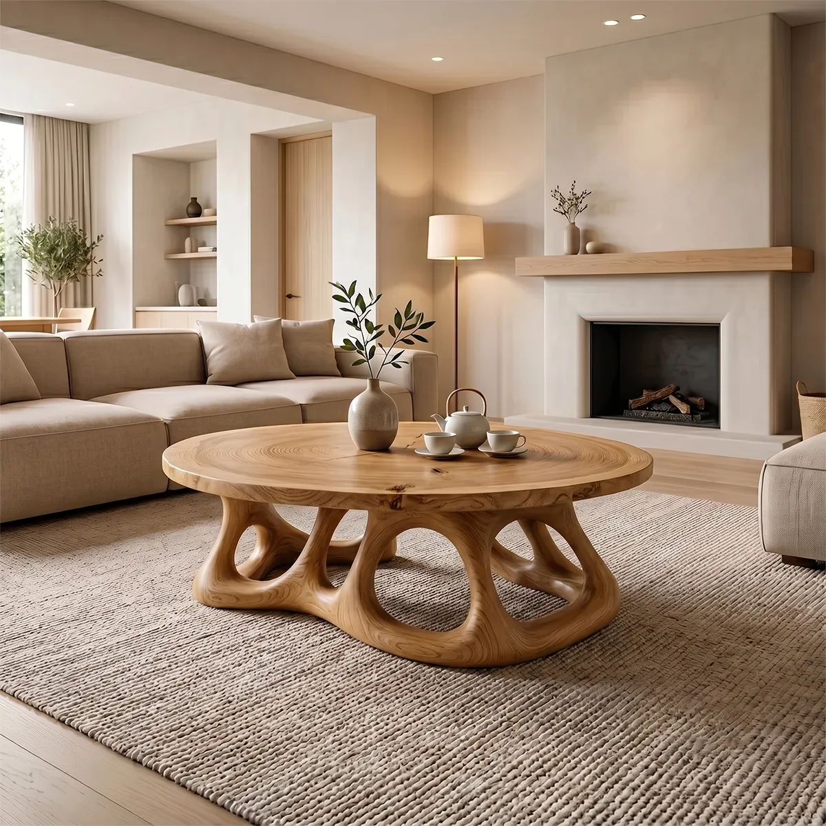 Round Solid Wood Coffee Table – Organic Sculptural Base Design TH003-6720