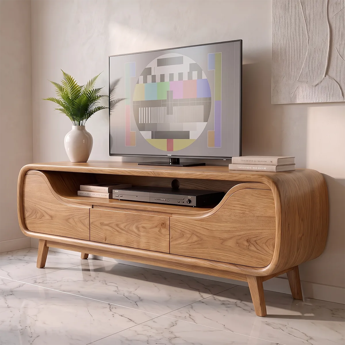 Modern Curved TV Stand with Drawer & Open Media Shelf | Sculptural Low Profile Console TH003-2WQM9UQ