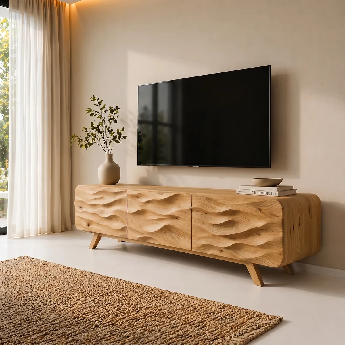 Carved Wave TV Cabinet with 3 Doors and Rounded Sides