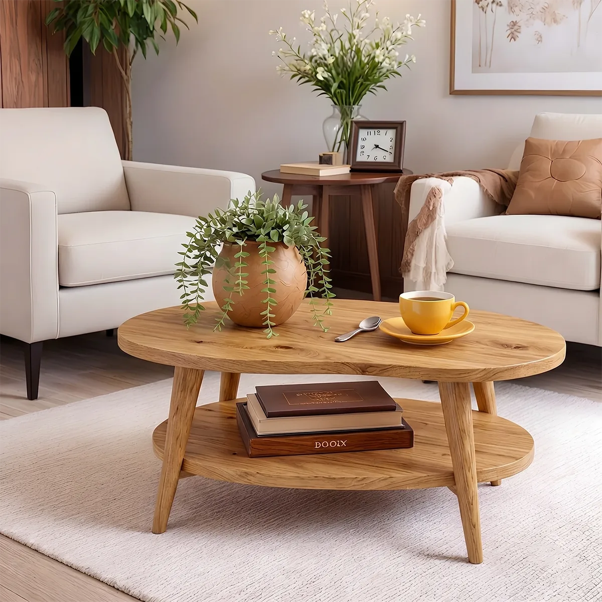Mid Century Modern Solid Wood Two Tier Oval Coffee Table