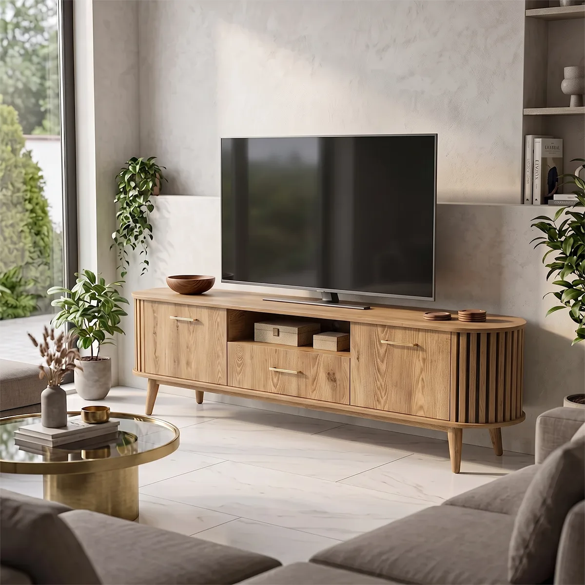 Mid-Century Modern TV Stand with 2 Cabinets & Drawer | Fluted Media Console TH003-4CGT3CA