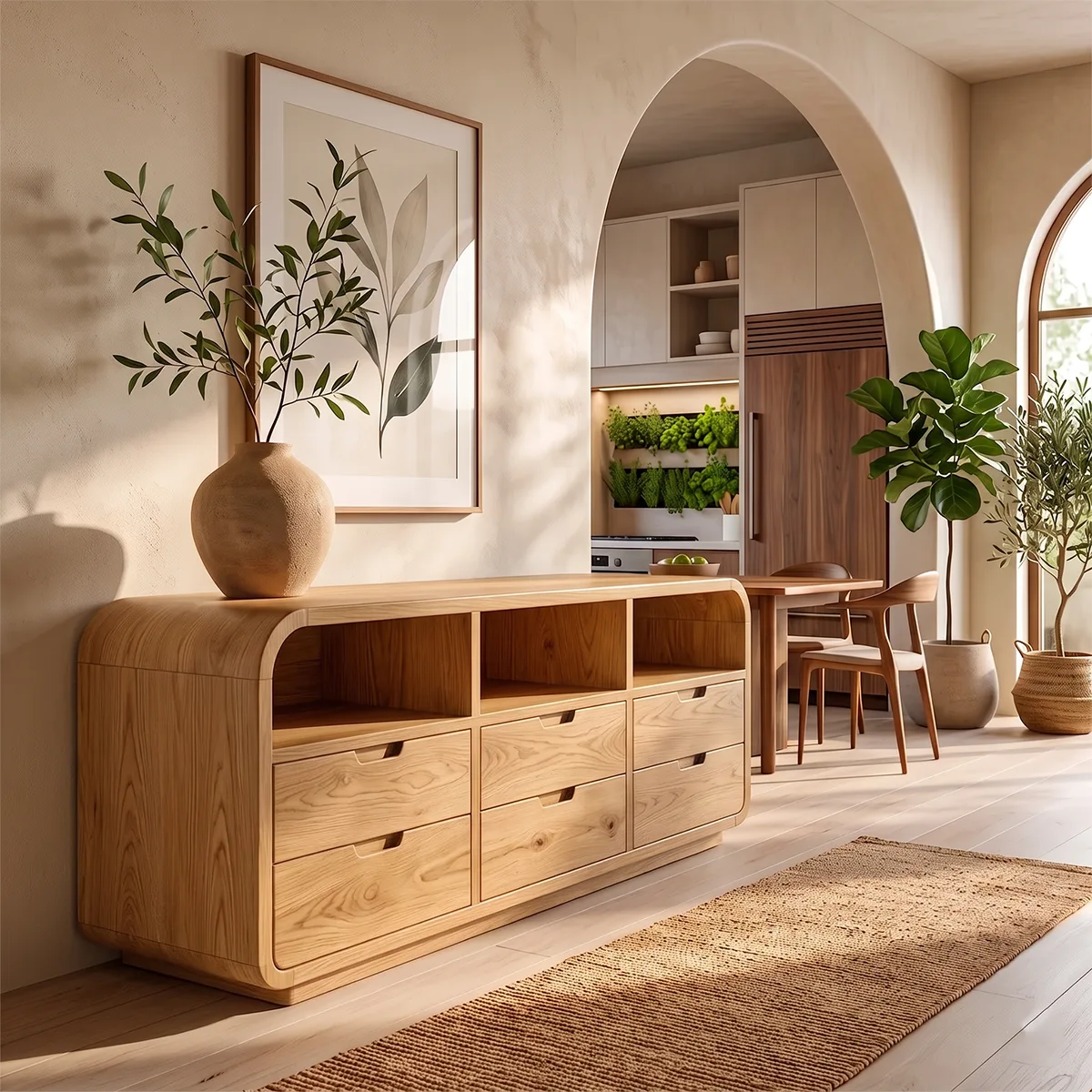 Modern Sideboard Cabinet | 6 Drawer Storage Cabinet with Open Shelves & Rounded Waterfall Design TH003-3023