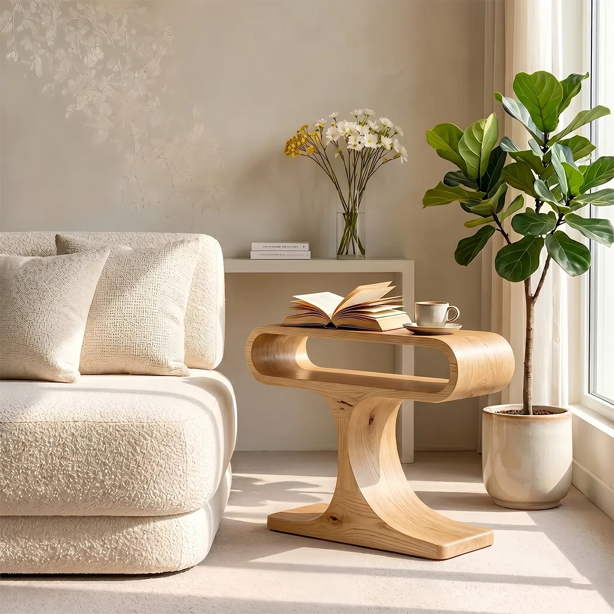 Curved Solid Wood Side Table with Shelf | Sculptural End Table TH003-6409