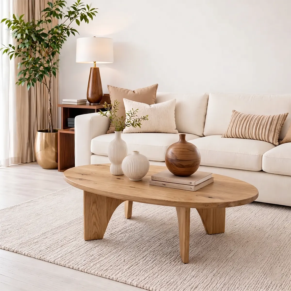 Modern Solid Wood Oval Coffee Table with Angled Slab Legs