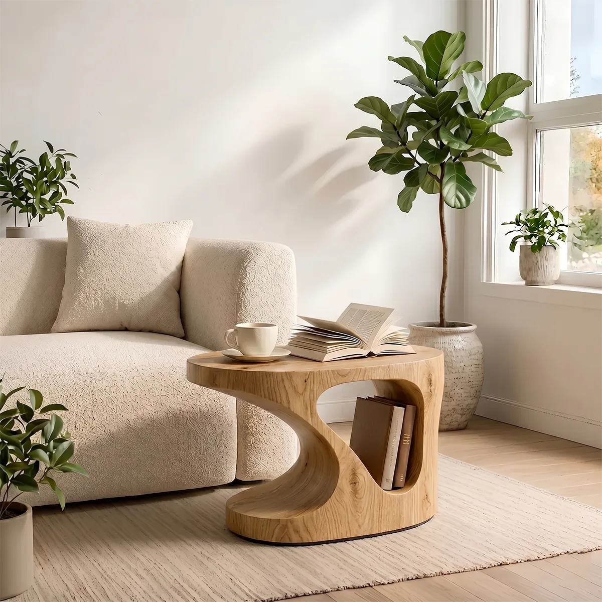 Solid Wood Side Table with Book Storage | Sculptural Design End Table TH003-9003