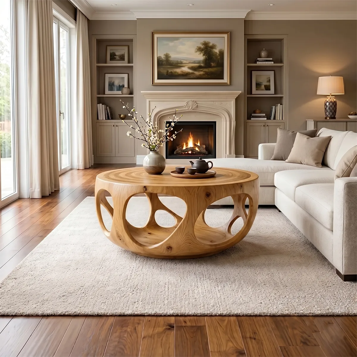 Round Solid Wood Coffee Table – Artistic Openwork Design TH003-2510