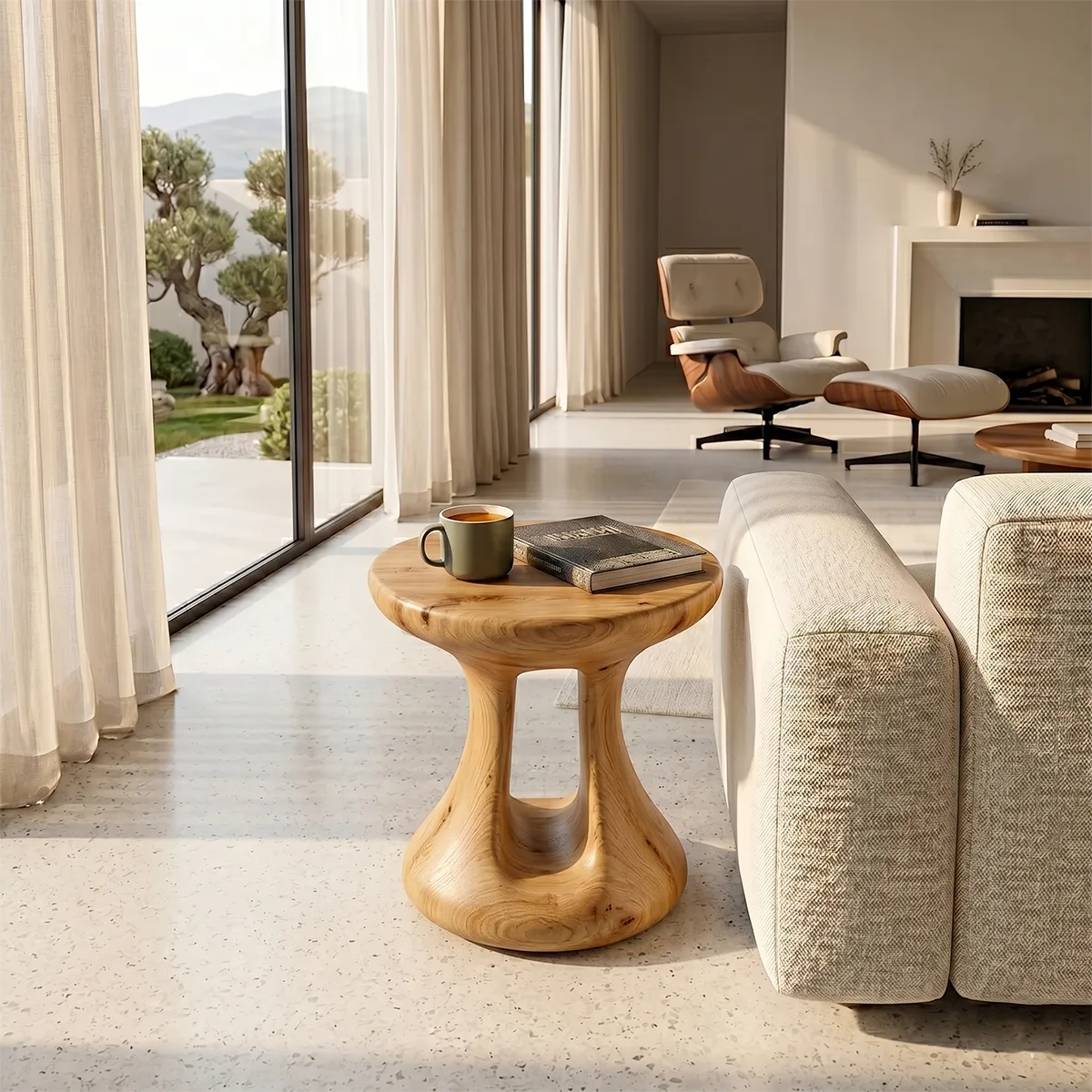 Organic Solid Wood Round End Table | Sculptural Pedestal Side Table for Modern Living Room TH003-6440