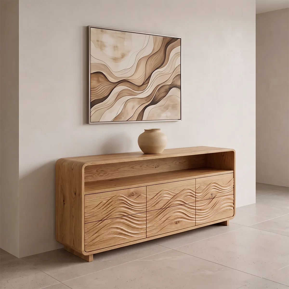 Modern Sideboard Cabinet | Wave Carved Storage Cabinet with Open Shelf & 6 Drawers TH003-7310