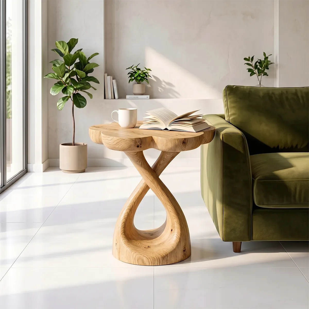 Petal Top Solid Wood Side Table | Sculptural End Table TH003-8683