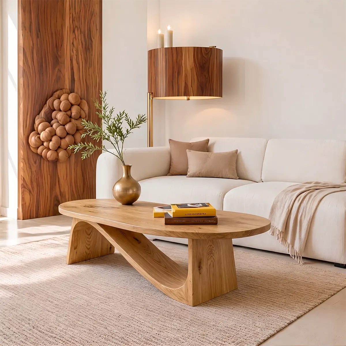 Modern Solid Wood Oval Coffee Table with Sculptural Sweeping Base