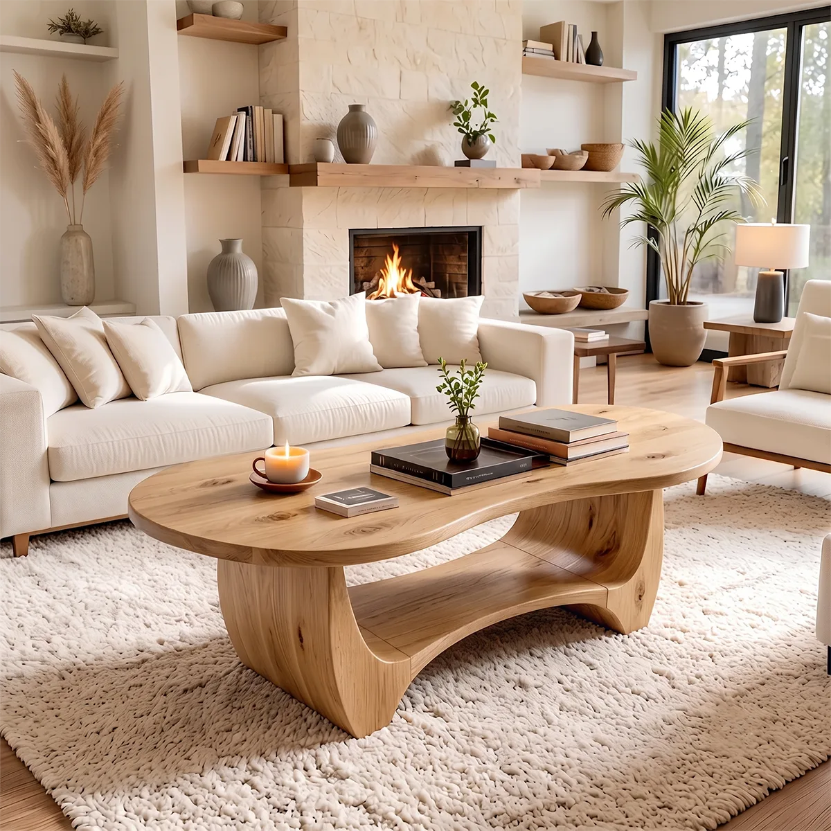 Sculptural Rounded Coffee Table with Open Shelf | Organic Modern Center Table TH003-1FNF7SN