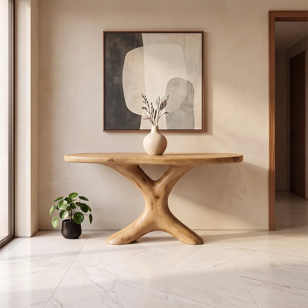 Modern Sculptural Console Table | Organic Entryway Accent Table with Architectural Pedestal TH003-1525