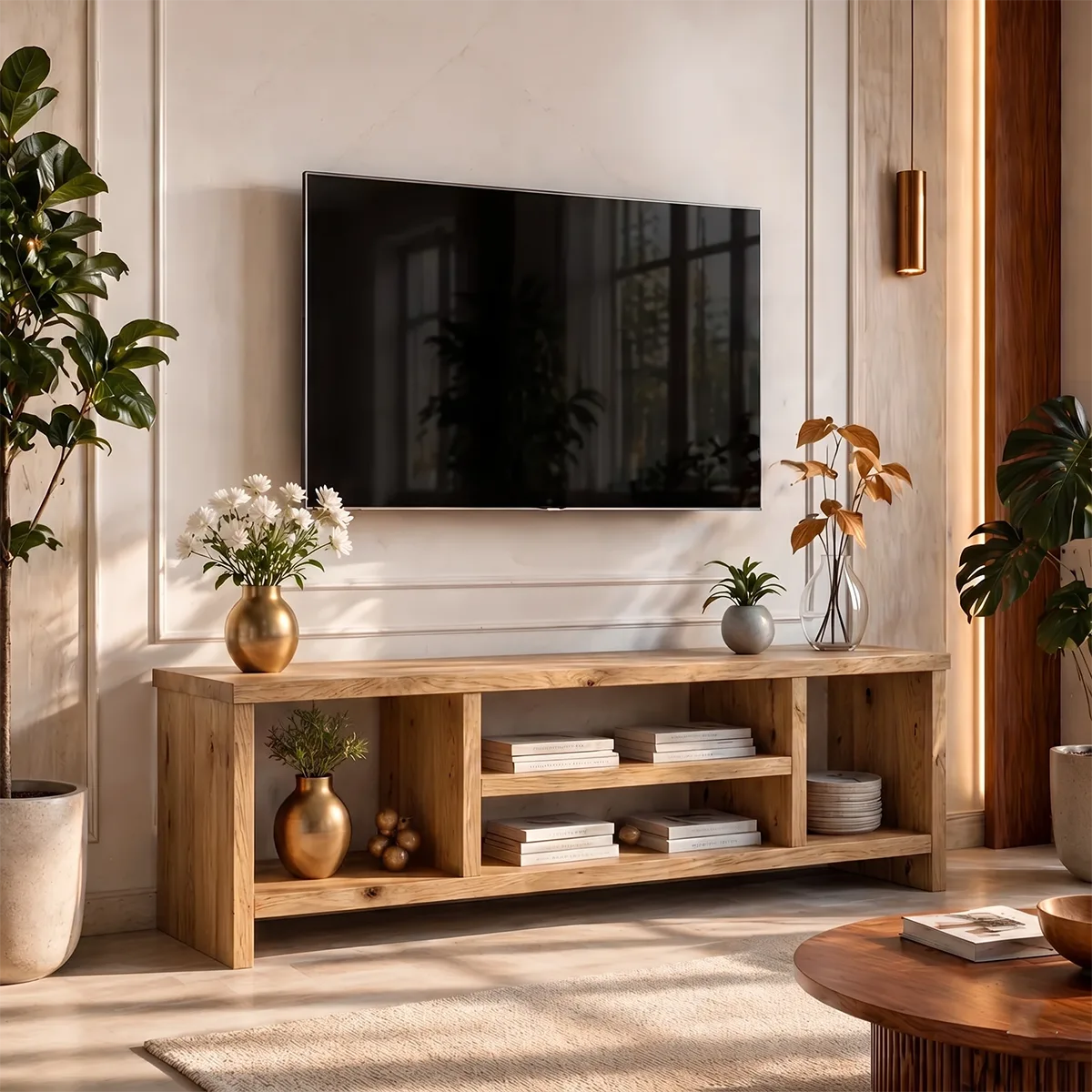 Modern Solid Wood Geometric TV Stand with Open Shelving