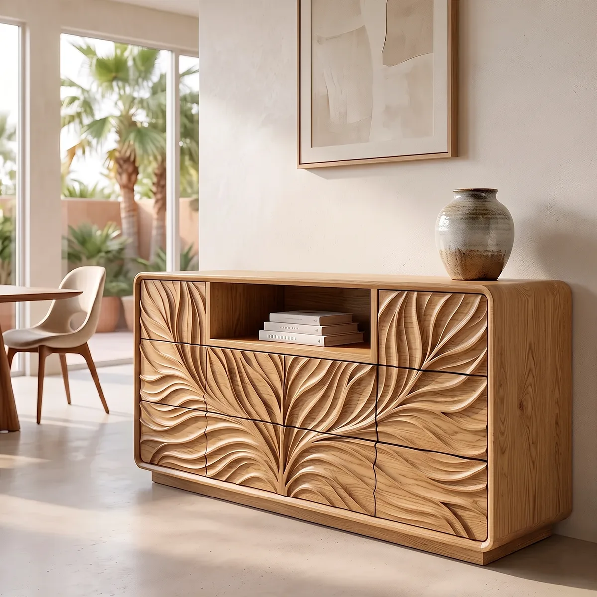 Modern Sideboard Cabinet | Leaf Carved Storage Cabinet with Open Shelf & 8 Drawers TH003-9785