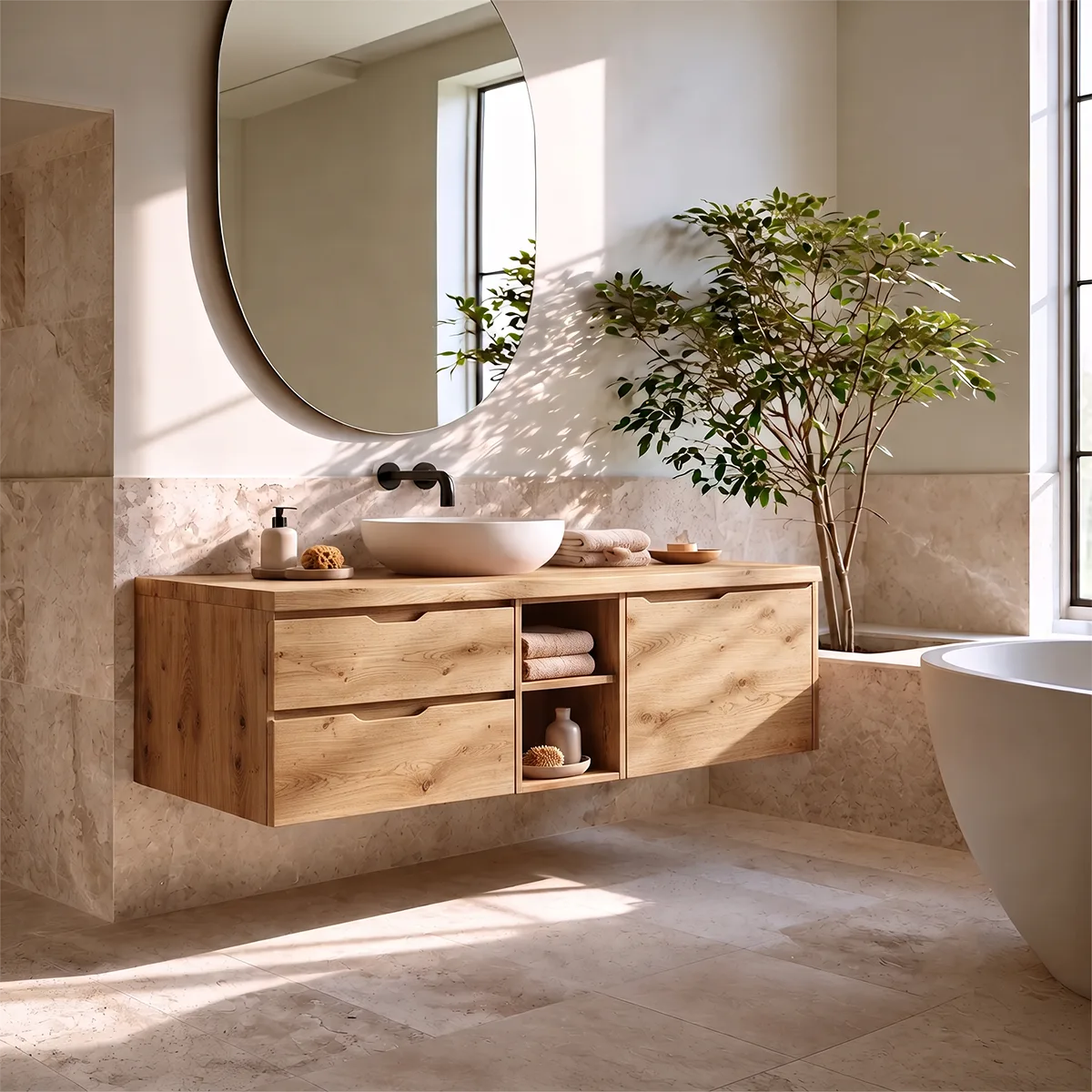 Modern Floating Bathroom Vanity | Wall Mounted Storage Cabinet with Drawers and Open Shelving TH003-5PPH1AS