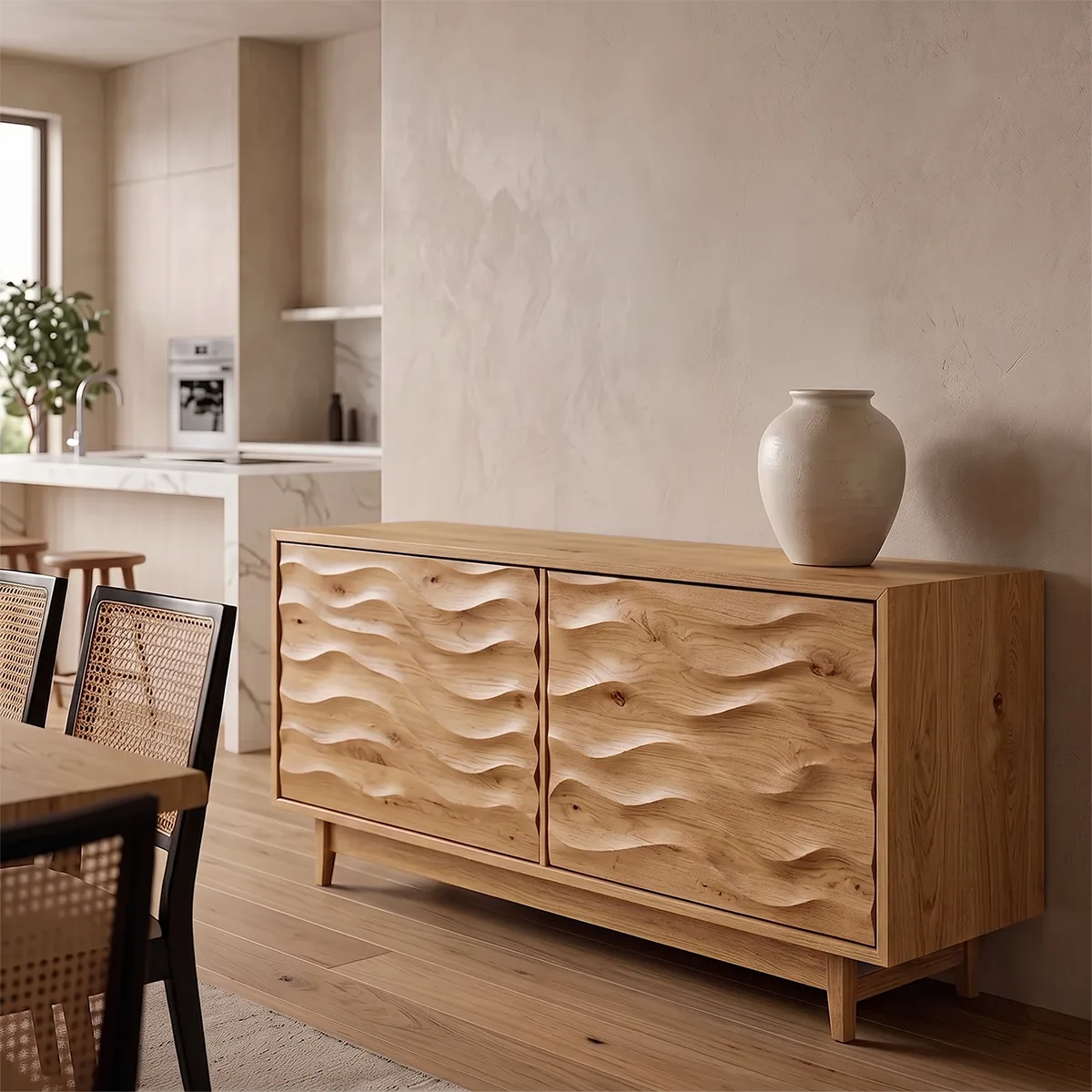 Wave Carved Solid Wood Sideboard | Modern Hardwood Storage Cabinet for Dining & Living Room TH003-6599