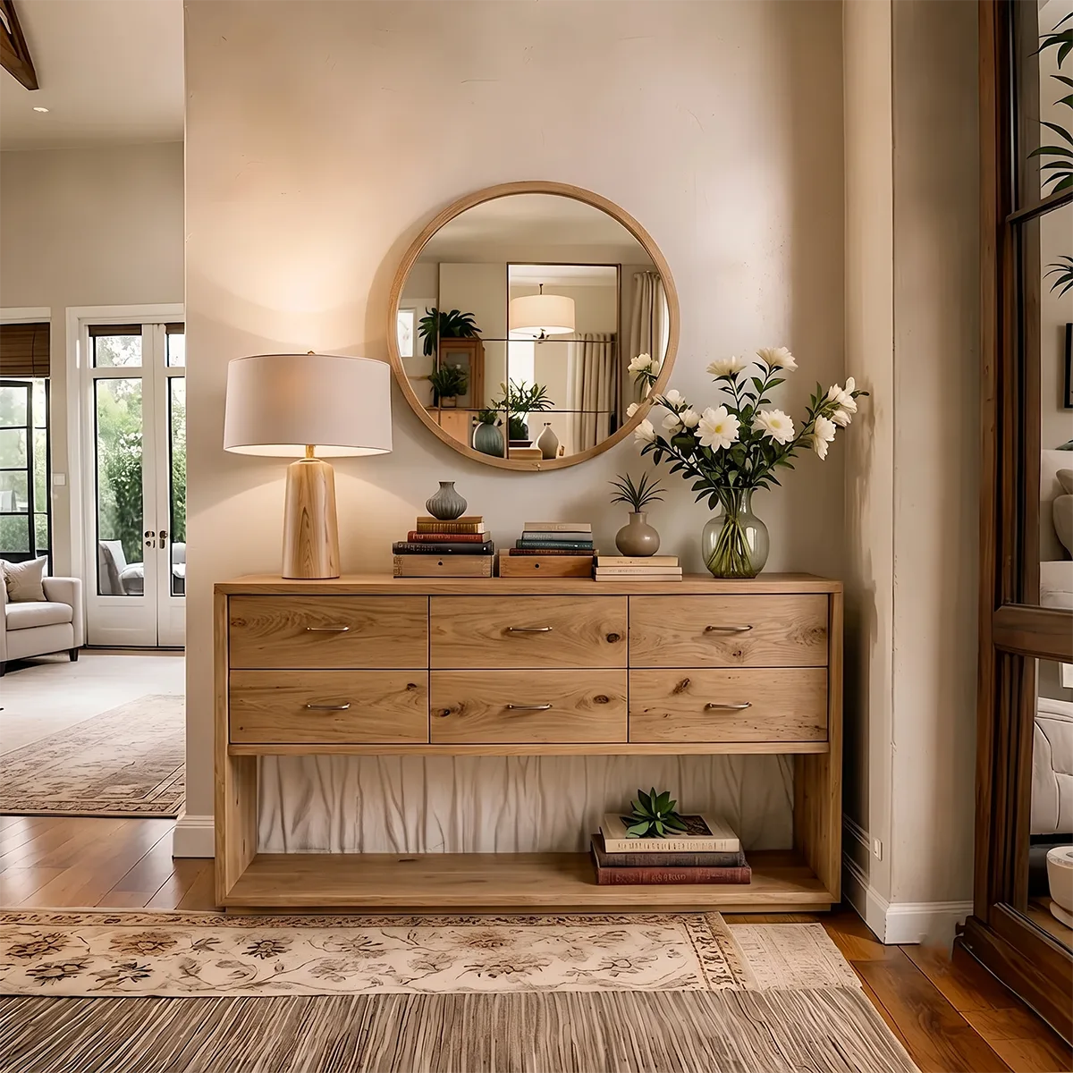 Modern 6 Drawer Console Table with Open Shelf – Minimalist Entryway Storage Cabinet TH003-9381