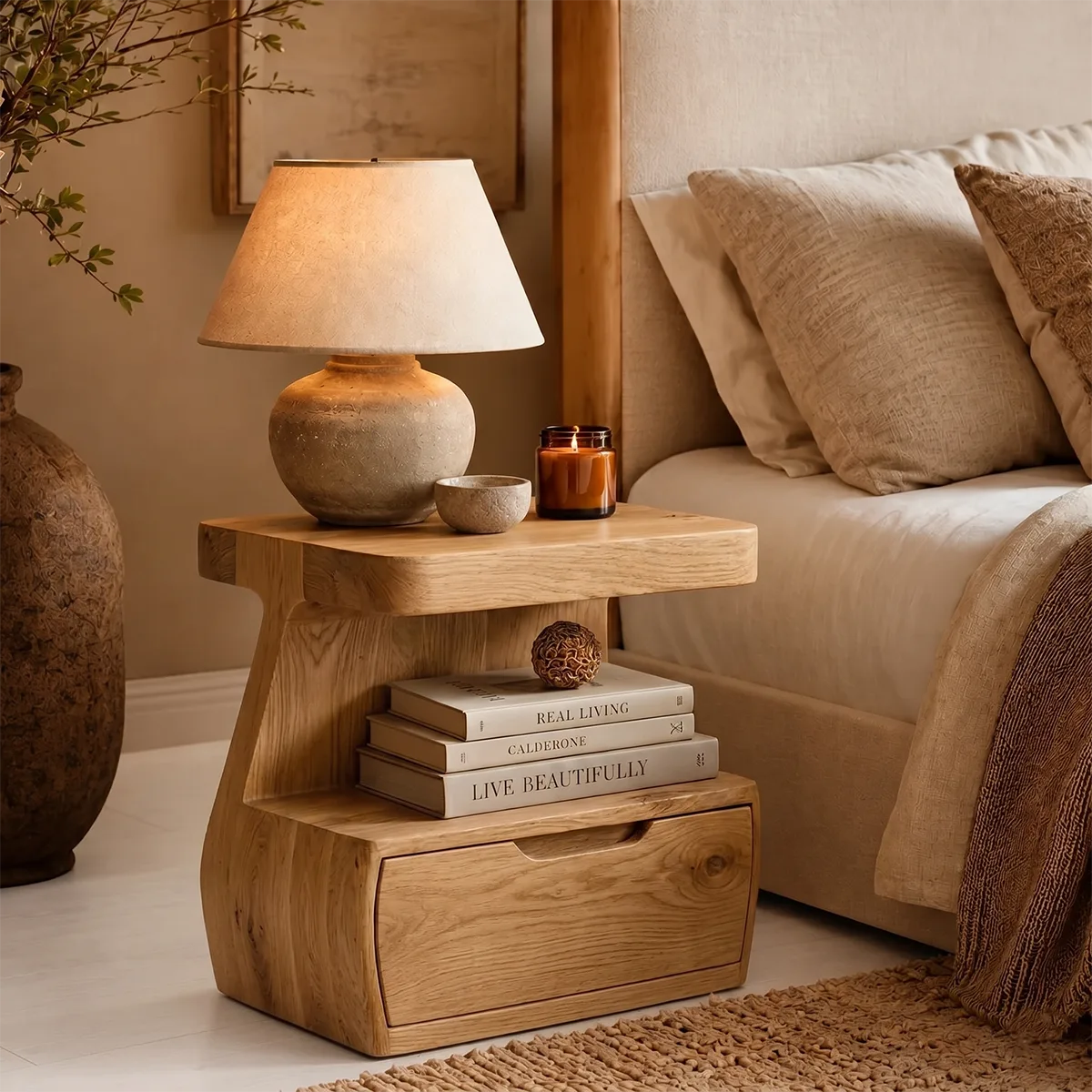 Handcrafted Solid Wood Nightstand Organic Bedside Table with Storage Drawer