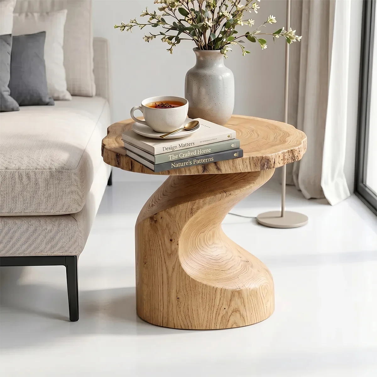 Sculptural Solid Wood Side Table, Live Edge Round End Table, Twisted Pedestal Accent Table TH003-9052