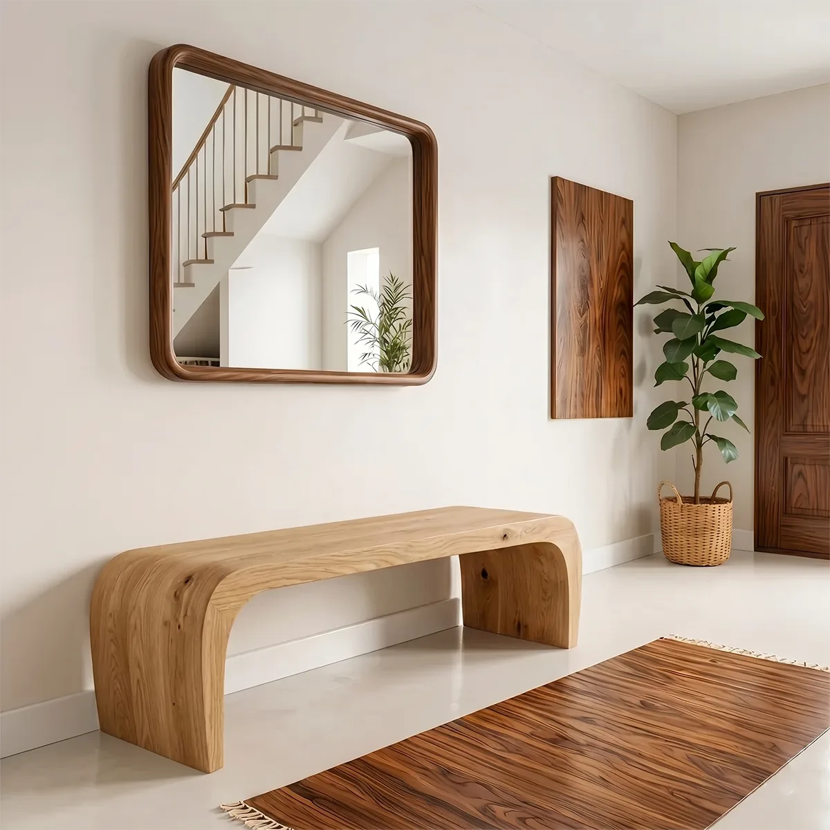 Minimalist Curved Solid Wood Console Bench for Entryway and Living Room