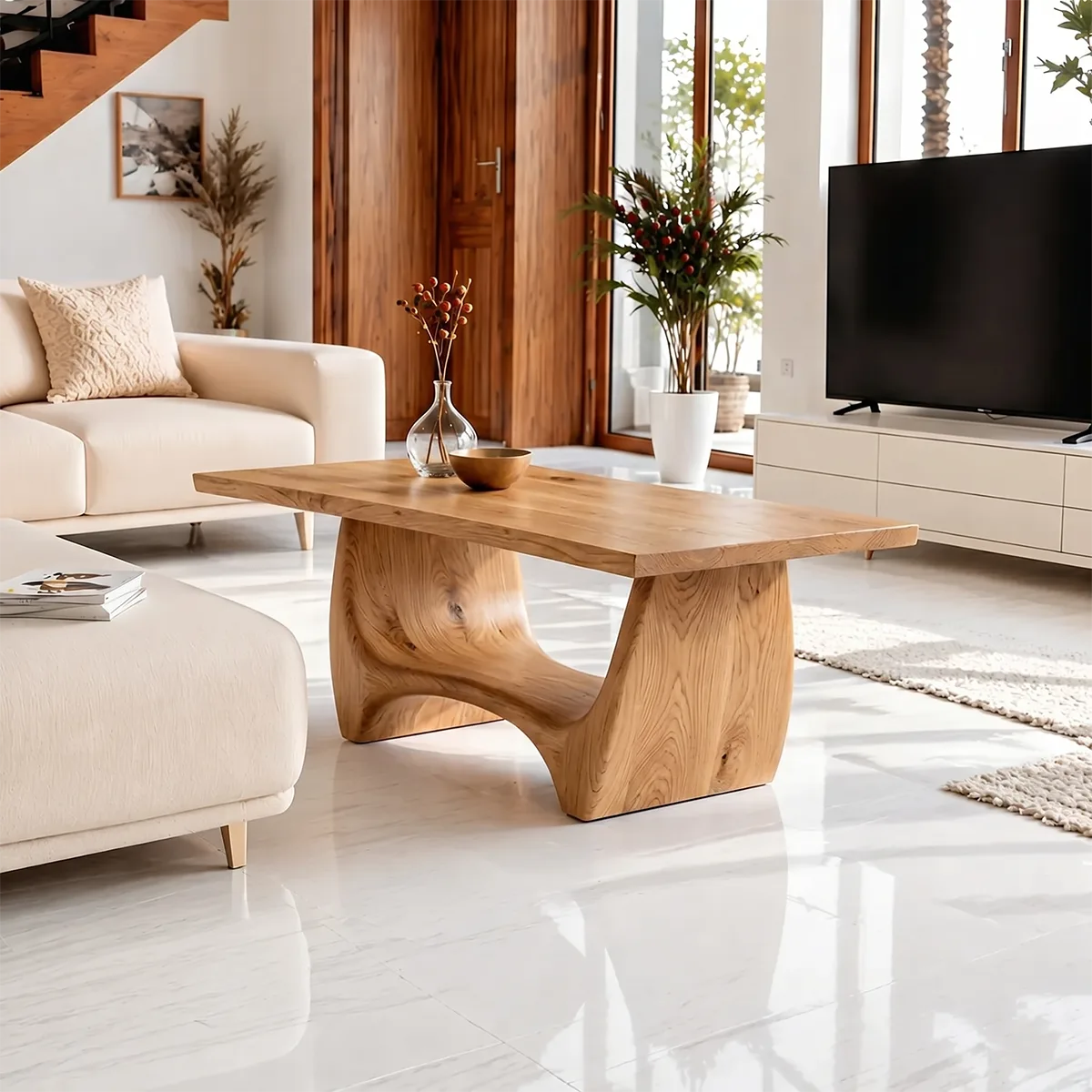 Modern Solid Wood Coffee Table with Sculptural Hourglass Base