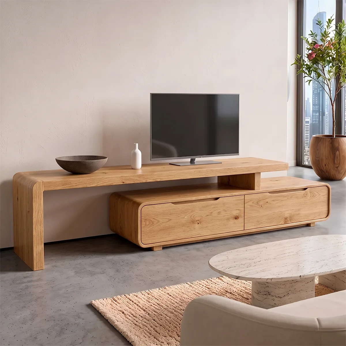 Modern Asymmetrical TV Stand with 2 Drawers | Low Profile Media Console TH003-9QJE5UT