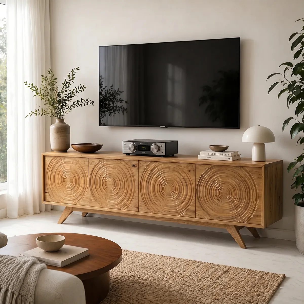 Mid Century Modern Solid Wood Carved Door TV Stand