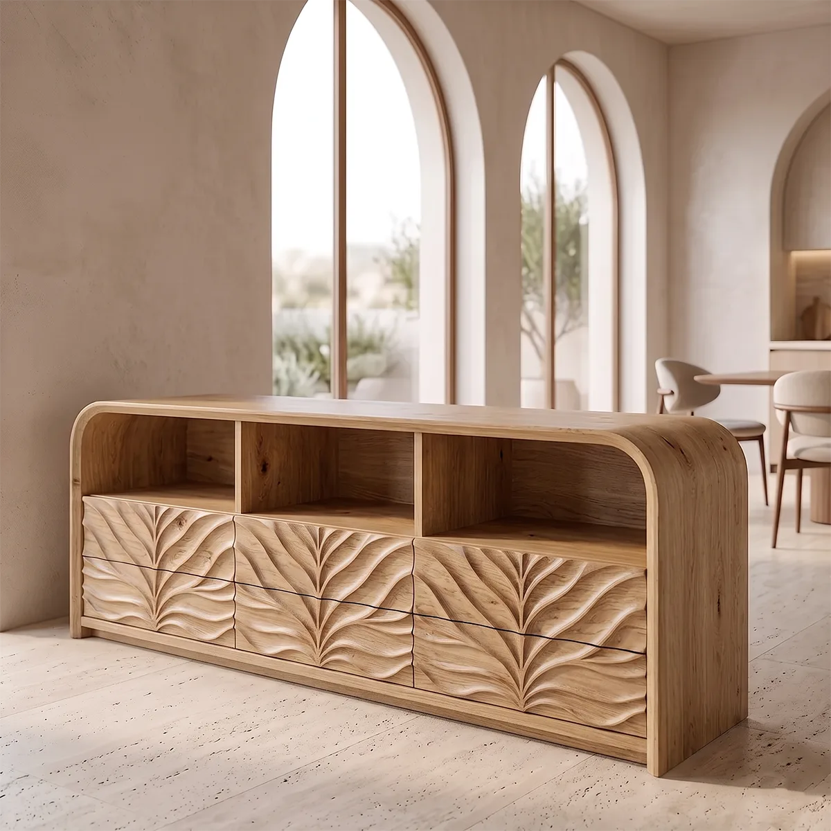 Modern Sideboard Cabinet | Leaf Carved Storage Cabinet with Open Shelves & 8 Drawers TH003-9304