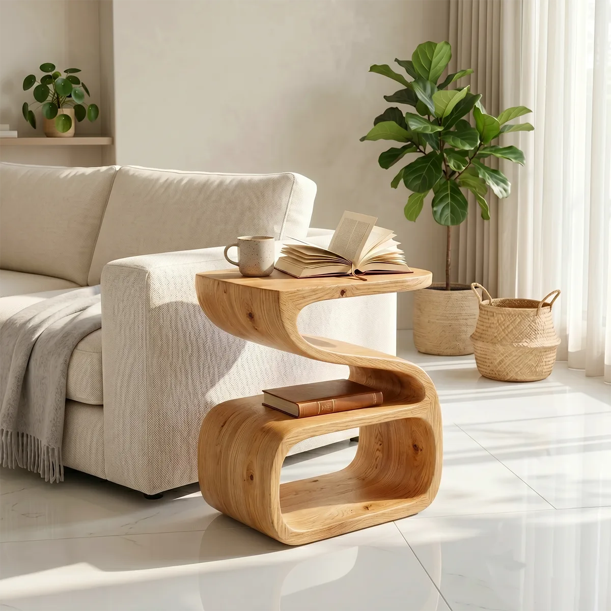 Solid Wood Side Table with Double Shelf | Sculptural Design TH003-3969