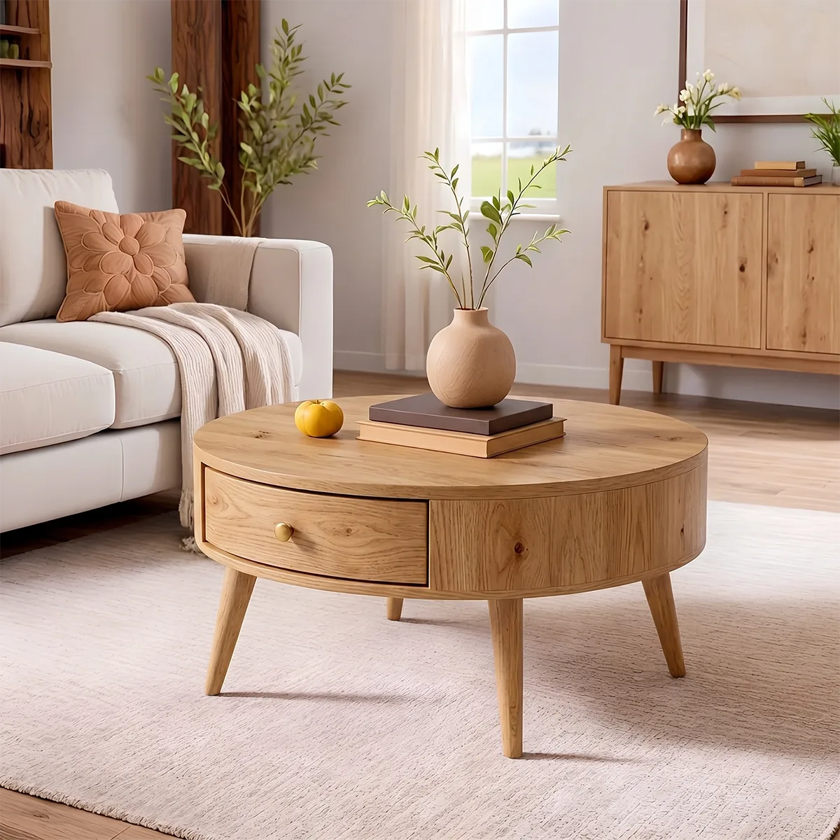 Mid Century Modern Solid Wood Round Drum Coffee Table with Drawer