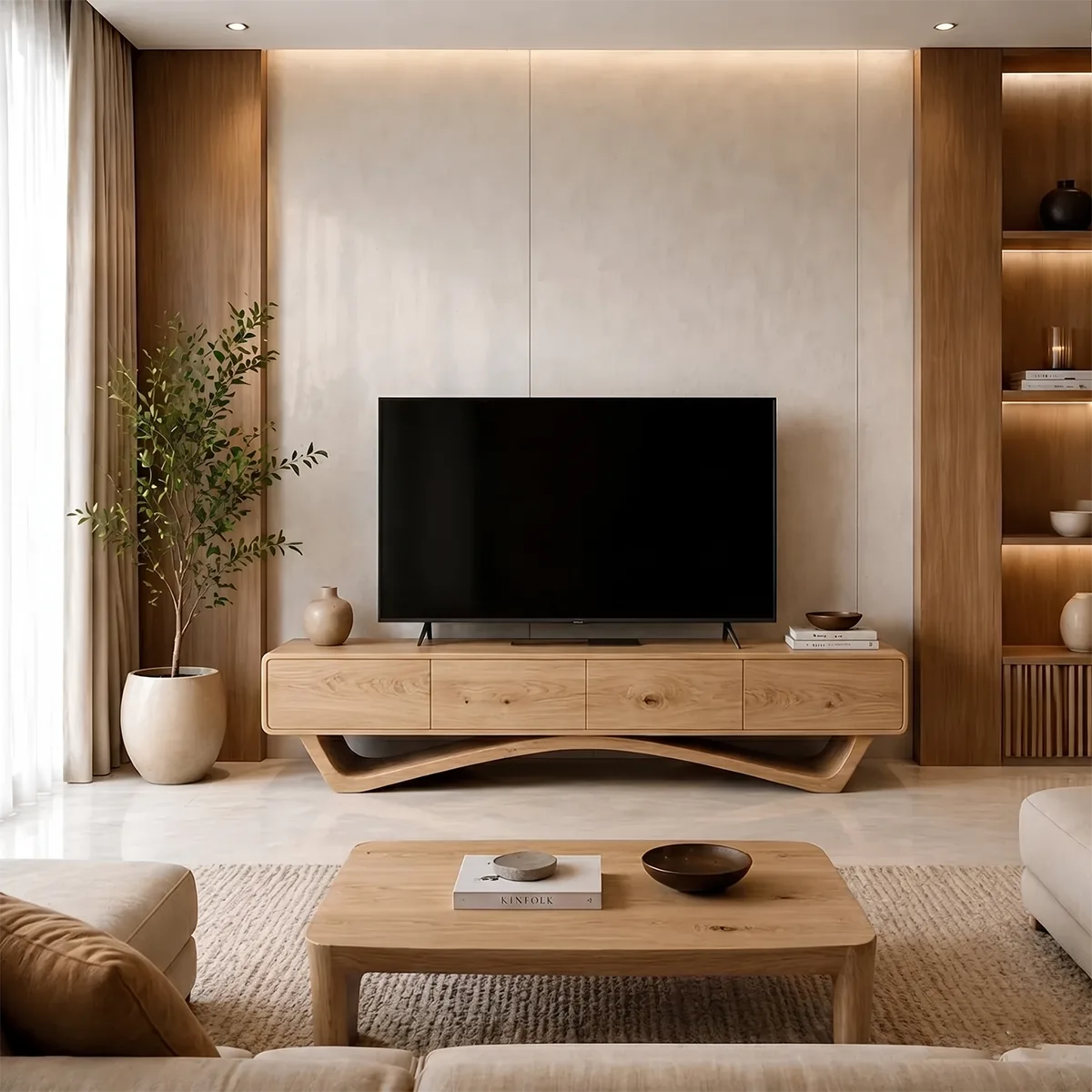 Modern Solid Wood TV Stand with Sculptural Sweeping Base